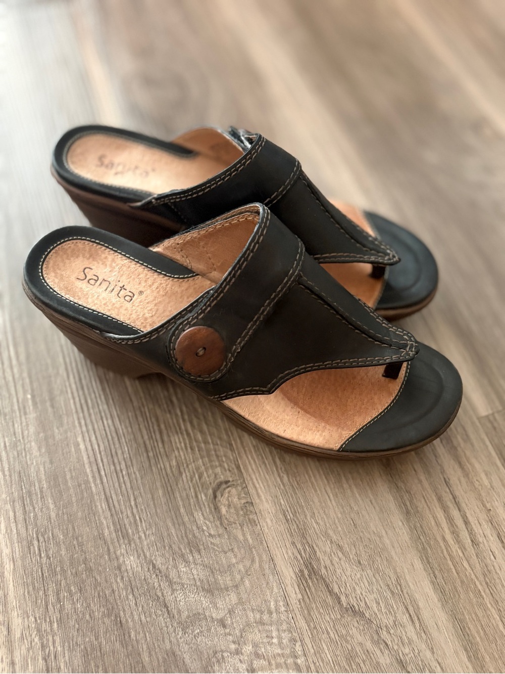 Sanita Black Leather Comfort Wedge Sandals EU 40 Boho Scandinavian 9/9.5 - Picture 2 of 6